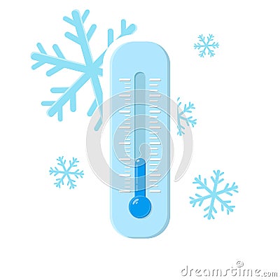 Cold thermometer with a snowflakes. Temperature weather thermometers meteorology, temp control thermostat device flat vector icon. Vector Illustration